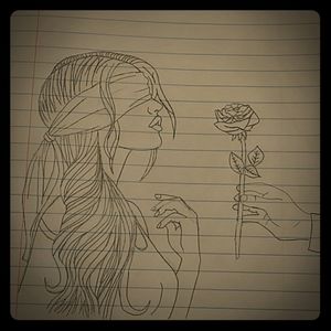 Blindfolded girl pencil drawing